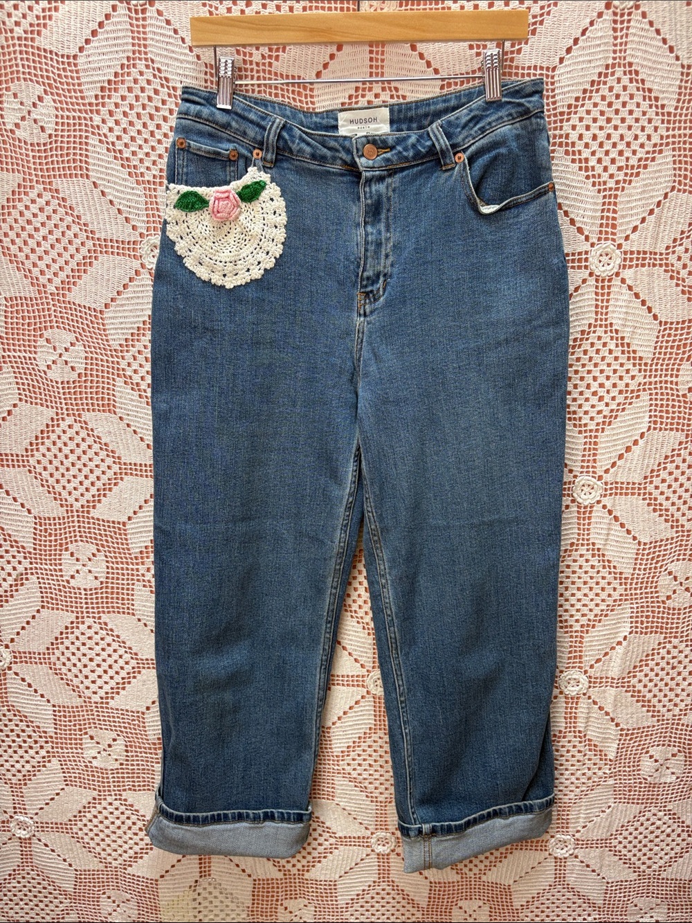 Hudson Jeans Blue Boyfriend Jeans with Crochet Pocket Detail